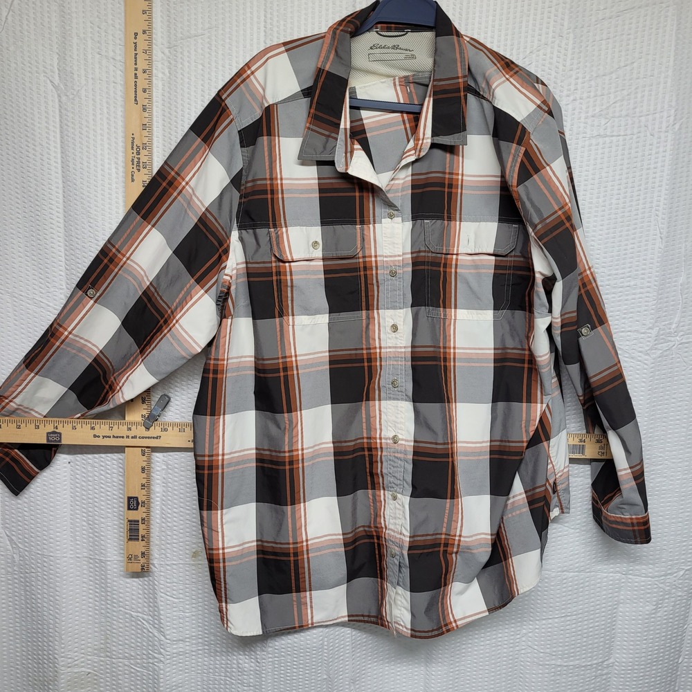 Eddie Bauer Womens 3X Plaid Button Down Shirt Orange Grey Classic Fit 751